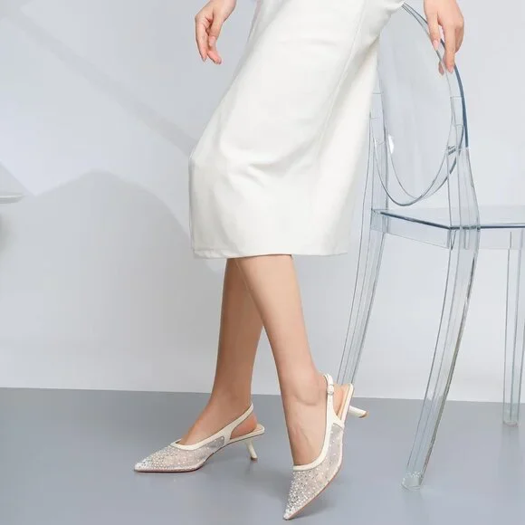 Pointed Toe Pumps Patent Leather Low Heel Slingback Heels with Buckle Dress Shoe - Picture 6 of 9